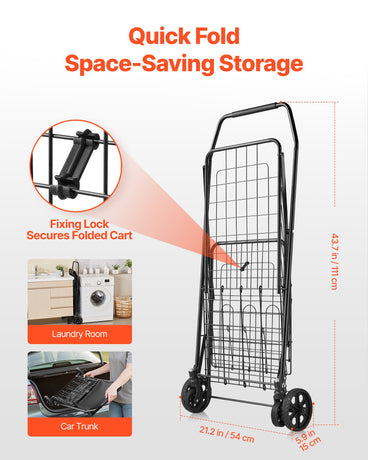 VEVOR Shopping Cart, Folding Grocery Utility Cart with Dual Baskets, Waterproof Liner & Wheels, 45 KG Large Load Capacity, Heavy Duty Laundry Basket for Laundry, Shopping, Camping, Grocery, Luggage