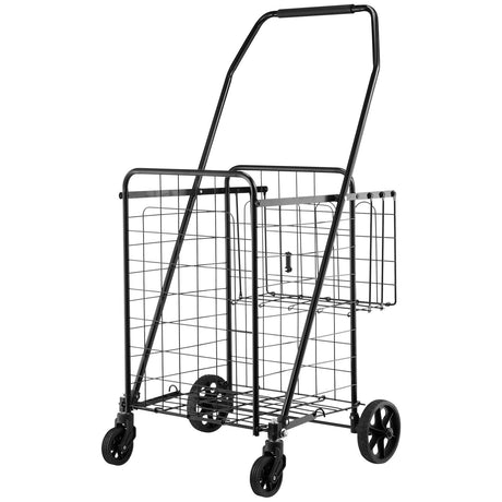 VEVOR Shopping Cart, Folding Grocery Utility Cart with Dual Baskets, Waterproof Liner & Wheels, 45 KG Large Load Capacity, Heavy Duty Laundry Basket for Laundry, Shopping, Camping, Grocery, Luggage