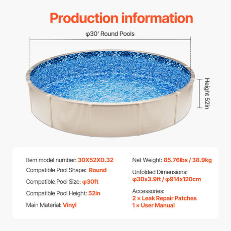 Pool Liner, 30ft Round Pool Liner, Uinbead Style, Durable Vinyl Pool Liner, Standard Gauge, 52in Wall Height, Pool Liner Replacement for Steel Sided Above-Ground Swimming Pools