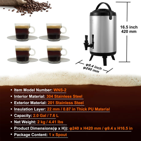 Stainless Steel Insulated Beverage Dispenser, 7.6 Liter, Thermal Hot and Cold Drink Server Dispenser with Spigot Handle, Food-grade for Hot Tea Coffee Water Restaurant Drink Shop