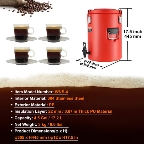 Stainless Steel Insulated Beverage Dispenser, 17.2 Liter, Thermal Hot and Cold Drink Server Dispenser with Spigot Handle, Food-grade for Hot Tea Coffee Water Restaurant Drink Shop