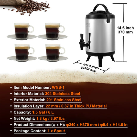 Stainless Steel Insulated Beverage Dispenser, 6 Liter, Thermal Hot and Cold Drink Server Dispenser with Spigot Handle, Food-grade for Hot Tea Coffee Water Restaurant Drink Shop