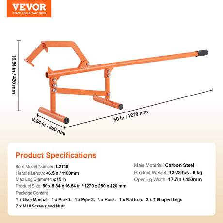 VEVOR Timberjack, 46.5 in, Heavy Duty Steel Log Lifter, Log Roller with Adjustable Cant Hook, Logging Tools Log Jack for Logs Ups to 15
