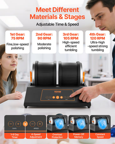 VEVOR Rock Tumbler Kit, 8 lbs Rock Polishing Kit, 4 Speed Settings 9-Day Polishing Timer Stone Polishing Kit, Double Barrel Rock Polisher with Adapter, Rock Polisher for Adults and Kids