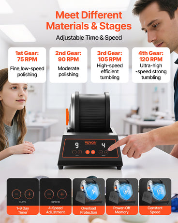 VEVOR Rock Tumbler Kit, 4lbs Rock Polishing Kit, 4 Speed Settings 9-Day Polishing Timer Stone Polishing Kit, Belt-Free Rock Polisher with Adapter & Overload Protection, Rock Polisher for Adults Kids