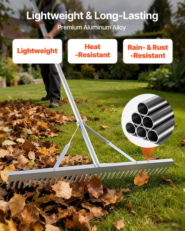 VEVOR Landscape Rake, 914 mm Wide Head 2590 mm Handle, Large Heavy Duty Aluminum Landscaping Leaf Rake Tool, Asphalt Level for Loosening Soil, Garden & Yard, Pond Gravel & Beach Lawn Care, 15.8m Rope