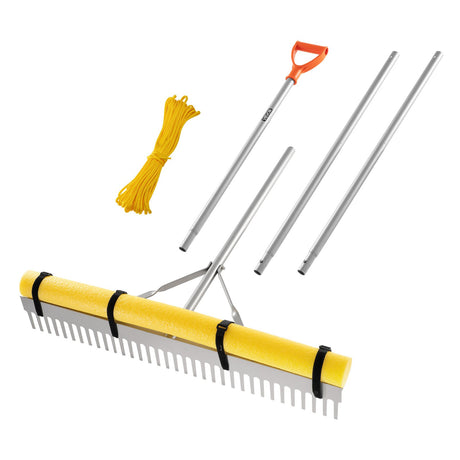 VEVOR Landscape Rake, 914 mm Wide Head 3380 mm Handle, Large Heavy Duty Aluminum Landscaping Leaf Rake Tool, Asphalt Level for Loosening Soil, Garden & Yard, Pond Gravel & Beach Lawn Care, 15.8m Rope