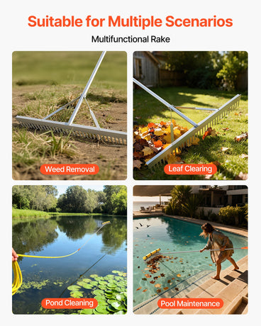 VEVOR Landscape Rake, 914 mm Wide Head 3380 mm Handle, Large Heavy Duty Aluminum Landscaping Leaf Rake Tool, Asphalt Level for Loosening Soil, Garden & Yard, Pond Gravel & Beach Lawn Care, 15.8m Rope