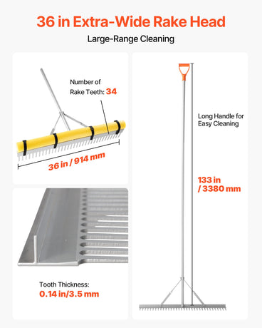 VEVOR Landscape Rake, 914 mm Wide Head 3380 mm Handle, Large Heavy Duty Aluminum Landscaping Leaf Rake Tool, Asphalt Level for Loosening Soil, Garden & Yard, Pond Gravel & Beach Lawn Care, 15.8m Rope