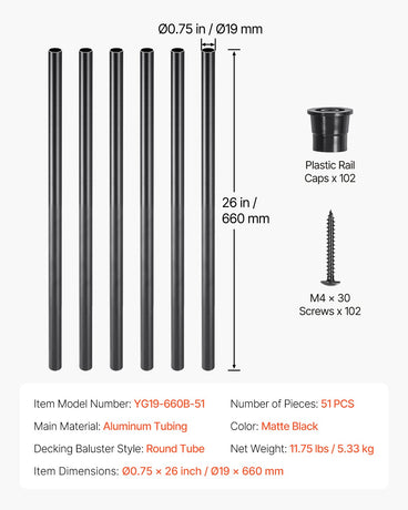 VEVOR Staircase Balusters 51 Pack, 660 mm Aluminum Stair Balusters, 19 mm Water-Proof Round Metal Spindle Railing, Hollow Deck Railing with Rail Caps & Screws for Stairs, Porch, Patio, Fence, Black
