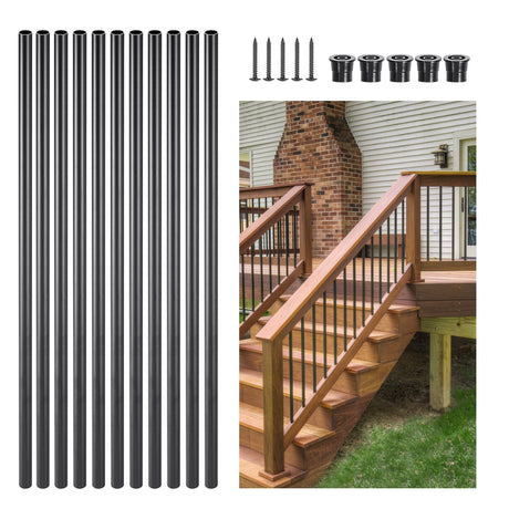 VEVOR Staircase Balusters 51 Pack, 660 mm Aluminum Stair Balusters, 19 mm Water-Proof Round Metal Spindle Railing, Hollow Deck Railing with Rail Caps & Screws for Stairs, Porch, Patio, Fence, Black