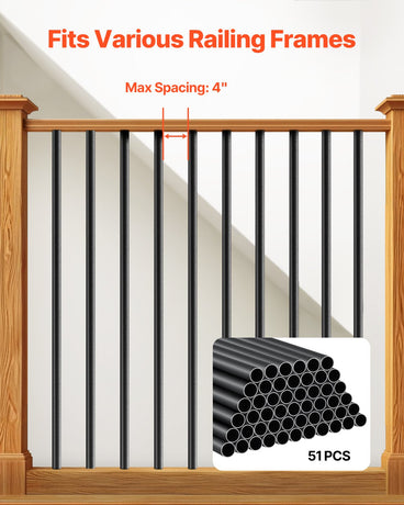 VEVOR Staircase Balusters 51 Pack, 813 mm Aluminum Stair Balusters, 19 mm Water-Proof Round Metal Spindle Railing, Hollow Deck Railing with Rail Caps & Screws for Stairs, Porch, Patio, Matte Black