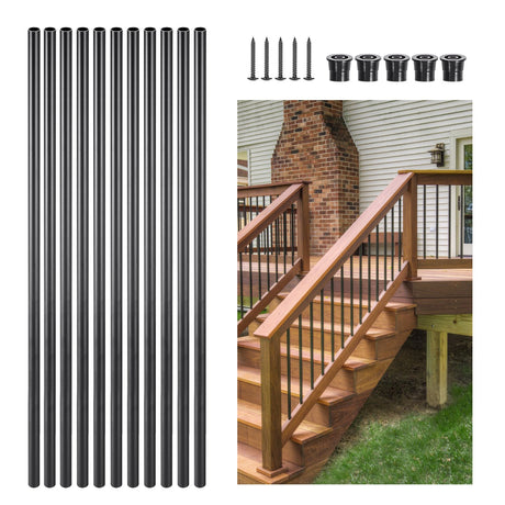 VEVOR Staircase Balusters 51 Pack, 813 mm Aluminum Stair Balusters, 19 mm Water-Proof Round Metal Spindle Railing, Hollow Deck Railing with Rail Caps & Screws for Stairs, Porch, Patio, Matte Black