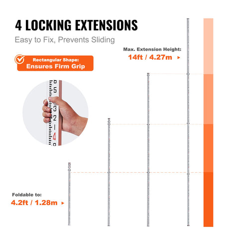 VEVOR Aluminum Grade Rod, 14-Feet/8ths 4 Sections Telescopic Measuring Rod, Double-Sided Scale 1/8in Leveling Rod Stick, Aluminum Alloy Survey Rod w/ Bubble Level &Carrying Bag for Houses,Walls,Floors