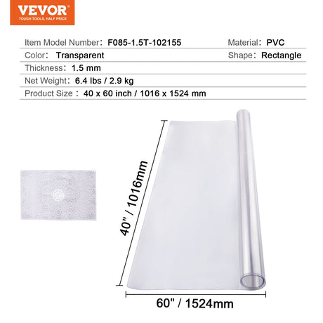 VEVOR Plastic Table Cover, 40 x 60 Inch 1.5 mm Thick Clear Table Protector, Rectangle PVC Desk Mat, Waterproof & Easy Cleaning Desk Pad Tablecloth, for Office Dresser Dining Room Table Night Stand