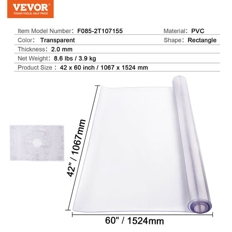 VEVOR Plastic Table Cover, 42 x 60 Inch 2.0 mm Thick Clear Table Protector, Rectangle PVC Desk Mat, Waterproof & Easy Cleaning Desk Pad Tablecloth, for Office Dresser Dining Room Table Night Stand