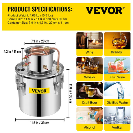 Moonshine Still 5 Gal 21L Stainless Steel Water Alcohol Distiller Copper Tube Home Brewing Kit Build-in Thermometer for DIY Whisky Wine Brandy, 5Gal, Silver