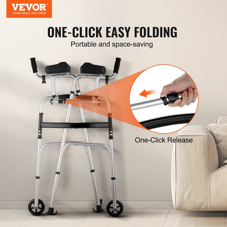 VEVOR 2 in 1 Folding Walker & Removable Armrests, Height Adjustable Foldable Walker with 5
