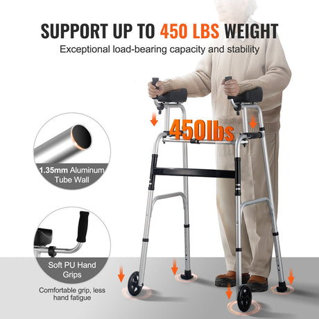 VEVOR 2 in 1 Folding Walker & Removable Armrests, Height Adjustable Foldable Walker with 5