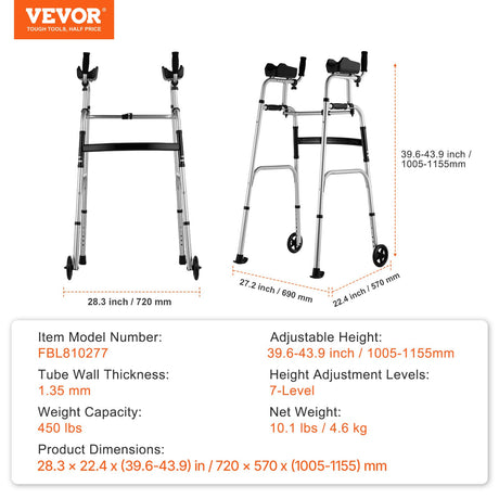VEVOR 2 in 1 Folding Walker & Removable Armrests, Height Adjustable Foldable Walker with 5
