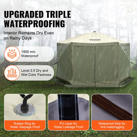 Pop Up Gazebo Tent, Pop-Up Screen Tent 6 Sided Canopy Sun Shelter with 6 Removable Privacy Wind Cloths & Mesh Windows, 12x12FT Quick Set Screen Tent with Mosquito Netting, Army Green