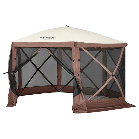 Pop Up Gazebo Tent, Pop-Up Screen Tent 6 Sided Canopy Sun Shelter with 6 Removable Privacy Wind Cloths & Mesh Windows, 12.5x12.5FT Quick Set Screen Tent with Mosquito Netting, Brown