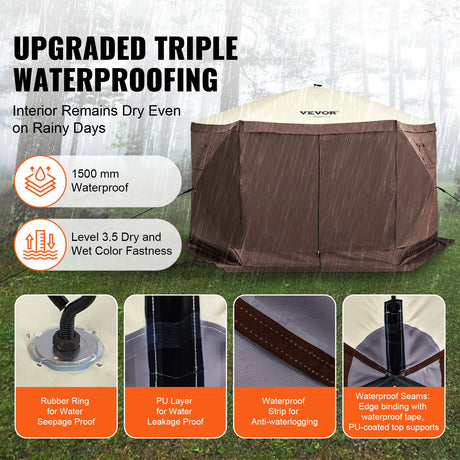 Pop Up Gazebo Tent, Pop-Up Screen Tent 6 Sided Canopy Sun Shelter with 6 Removable Privacy Wind Cloths & Mesh Windows, 12.5x12.5FT Quick Set Screen Tent with Mosquito Netting, Brown