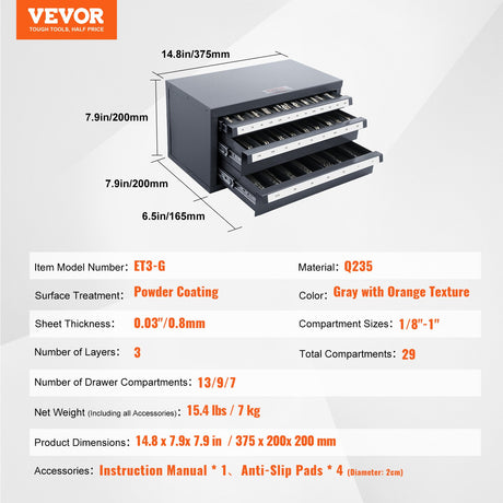VEVOR End Mill Dispenser Cabinet, Three-Drawer End Mill Organizer Cabinet for 1/8