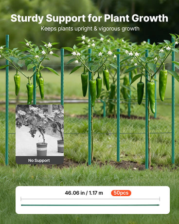 VEVOR Garden Stakes, 50 Pack, 1170 mm, Plastic Coated Metal Tomato Stakes, Garden Sticks for Plants Support, with Pointed End and Non-Slip Bumps for Growing Climbing Plants, Outdoor Vegetables