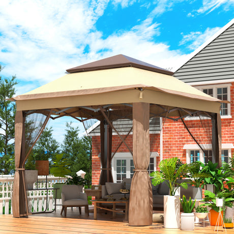 Outdoor Canopy Gazebo Tent, Portable Canopy Shelter with 11\'x11\' Large Shade Space for Party, Backyard, Patio Lawn and Garden, 4 Sandbags, Carrying Bag and Netting Included, Brown