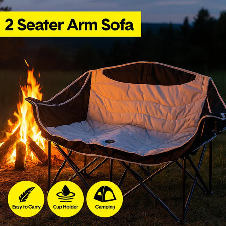 Double Camping Chairs Outdoor Lawn Camping Couch Heavy Duty Folding Chairs Strong Loading Capacity Metal Frame Oxford Fabric with Armrests and Cup Holders