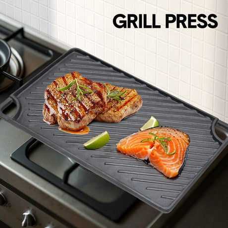 Reversible Cast Iron Griddle Rectangular BBQ Plate 43x24cm Double-Sided Flat Top Griddle Pan and Grooved Grill for Gas Stovetop Oven and Open Fire Black