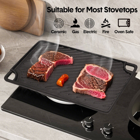 Reversible Cast Iron Griddle Rectangular BBQ Plate 43x24cm Double-Sided Flat Top Griddle Pan and Grooved Grill for Gas Stovetop Oven and Open Fire Black