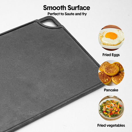 Reversible Cast Iron Griddle Rectangular BBQ Plate 43x24cm Double-Sided Flat Top Griddle Pan and Grooved Grill for Gas Stovetop Oven and Open Fire Black