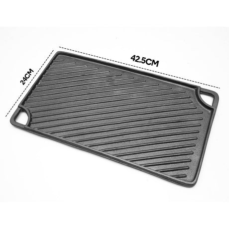 Reversible Cast Iron Griddle Rectangular BBQ Plate 43x24cm Double-Sided Flat Top Griddle Pan and Grooved Grill for Gas Stovetop Oven and Open Fire Black