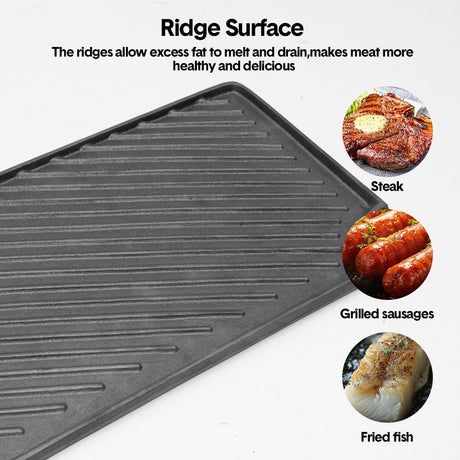 Reversible Cast Iron Griddle Rectangular BBQ Plate 43x24cm Double-Sided Flat Top Griddle Pan and Grooved Grill for Gas Stovetop Oven and Open Fire Black
