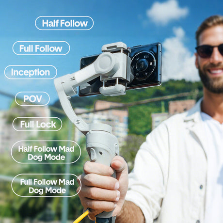 Portable Mobile Intelligent Gimbal 3 Axis Handheld Foldable and Rechargeable Smartphone Stabilizer 8 Modes with Tripod for Video Recording Face Tracking