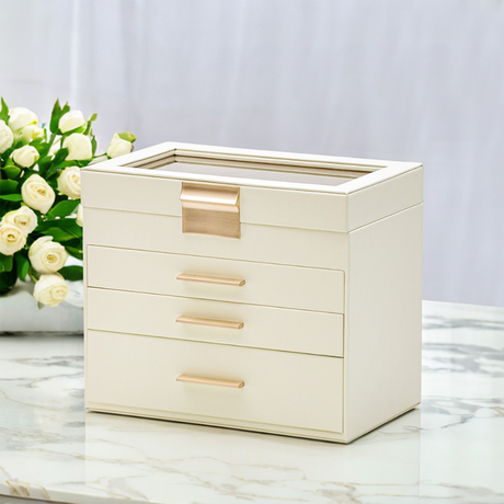4 Layer Jewelry Box PU Leather Jewellery Organizer Multi-functional Storage Case with Clear Glass Lid and 3 Drawers for Necklaces Rings Earrings Watches