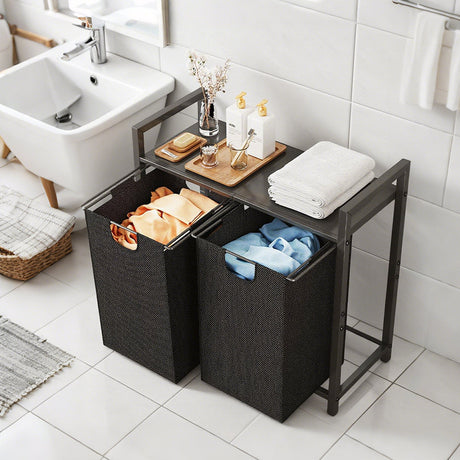 Laundry Hamper Basket Metal Laundry Organizer with MDF Shelf and 2 Waterproof Pull-Out Removable Dirty Clothes Bags for Laundry Room Bedroom Bathroom Dorm