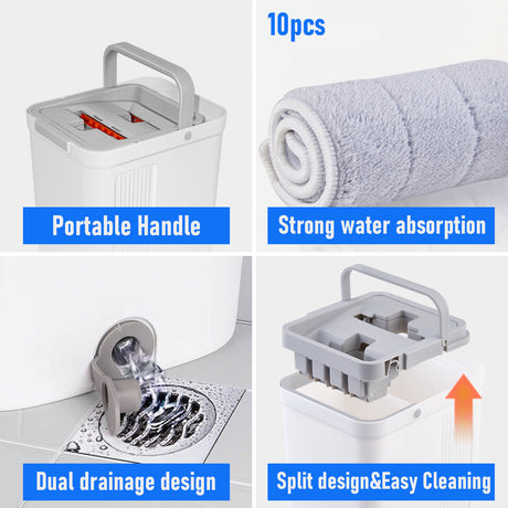 Flat D Set Mop and Bucket Wringer Set with Stainless-Steel Handle 10 Washable and Reusable Microfiber Pads for Hardwood Laminate Floors Tile