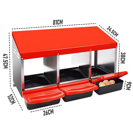 Chicken Hen Coop Hutch Nesting Box 3-Hole Roll Away Metal Design 52x47.5x81cm Durable Indoor Outdoor Laying Box with Easy Access Ventilation