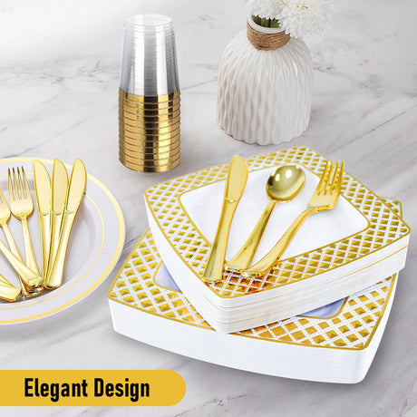175pcs Food-Grade Wedding Event Banquet Disposable Tableware Dinnerware Gold-Edged Plastic Cutlery Pack of 25 Dining Sets Square Plates Cutlery Napkins
