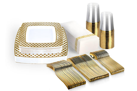 175pcs Food-Grade Wedding Event Banquet Disposable Tableware Dinnerware Gold-Edged Plastic Cutlery Pack of 25 Dining Sets Square Plates Cutlery Napkins