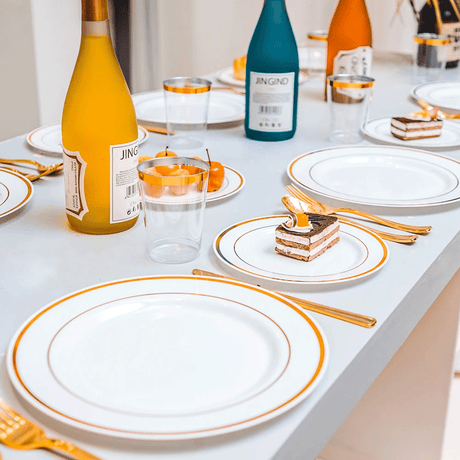 175pcs Food-Grade Wedding Event Banquet Disposable Tableware Dinnerware Gold-Edged Plastic Cutlery Pack of 25 Dining Sets Plates Cutlery Napkins