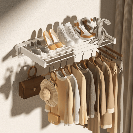 Alston Wall Mounted Drying Rack Clothes Airer Space Saver Folding Dryer Bearing Capacity 12KG Foldable Rail With Hooks Indoor Outdoor Balcony Laundry White