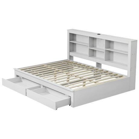 Artiss Noise-Free White Farmhouse Solid Wood Double Platform Bed Frame with Storage Headboard, Charging Station and Drawers for Bedroom and Apartment