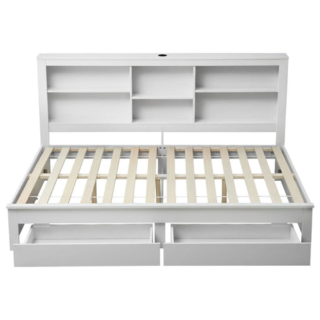 Artiss Noise-Free White Farmhouse Solid Wood Double Platform Bed Frame with Storage Headboard, Charging Station and Drawers for Bedroom and Apartment