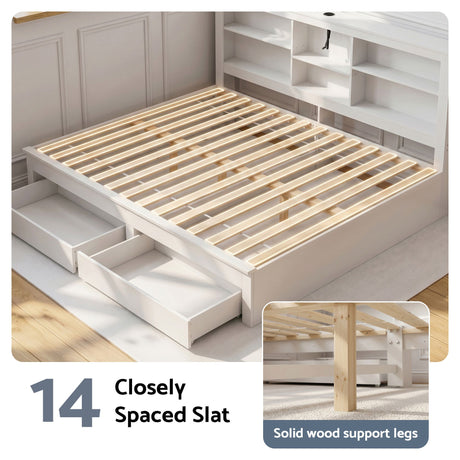 Artiss Noise-Free White Farmhouse Solid Wood Double Platform Bed Frame with Storage Headboard, Charging Station and Drawers for Bedroom and Apartment