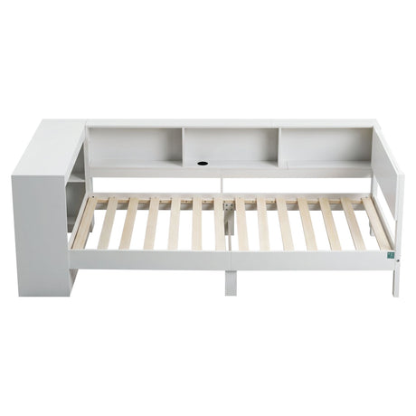 Artiss White Single Solid Wood Corner Platform Bed Frame with Built-in Desk, Storage Shelves and USB-C Charging Station for Small Spaces, Wooden Bed Base for Guest Room