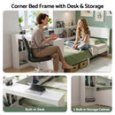Artiss White Single Solid Wood Corner Platform Bed Frame with Built-in Desk, Storage Shelves and USB-C Charging Station for Small Spaces, Wooden Bed Base for Guest Room